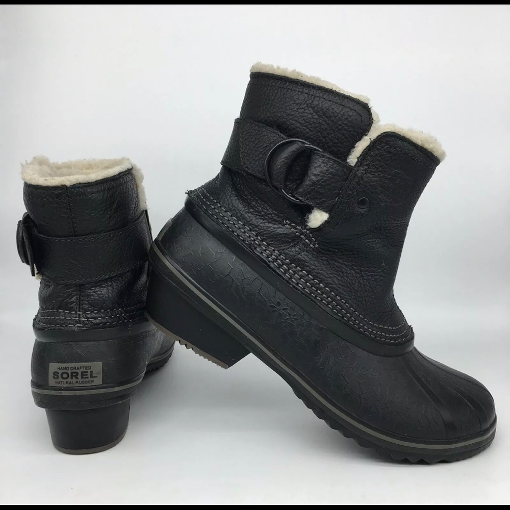 Sorel Black Shearling Trim Waterproof Short Winter Boots